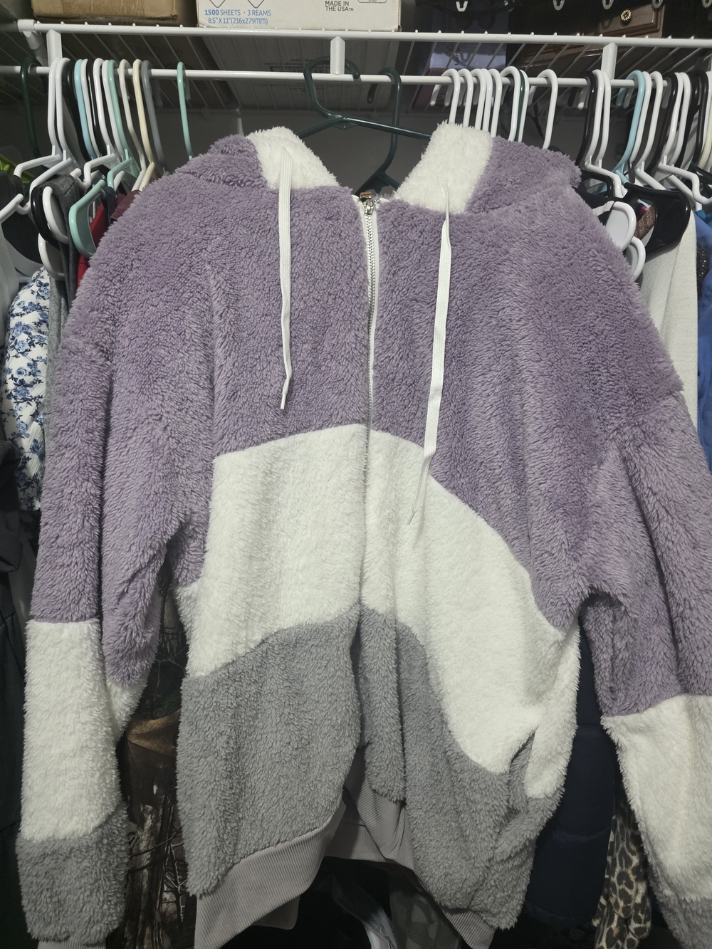 SHEIN Lavender White Gray Plush Zip-Up Hoodie Coat NEVER WORN!